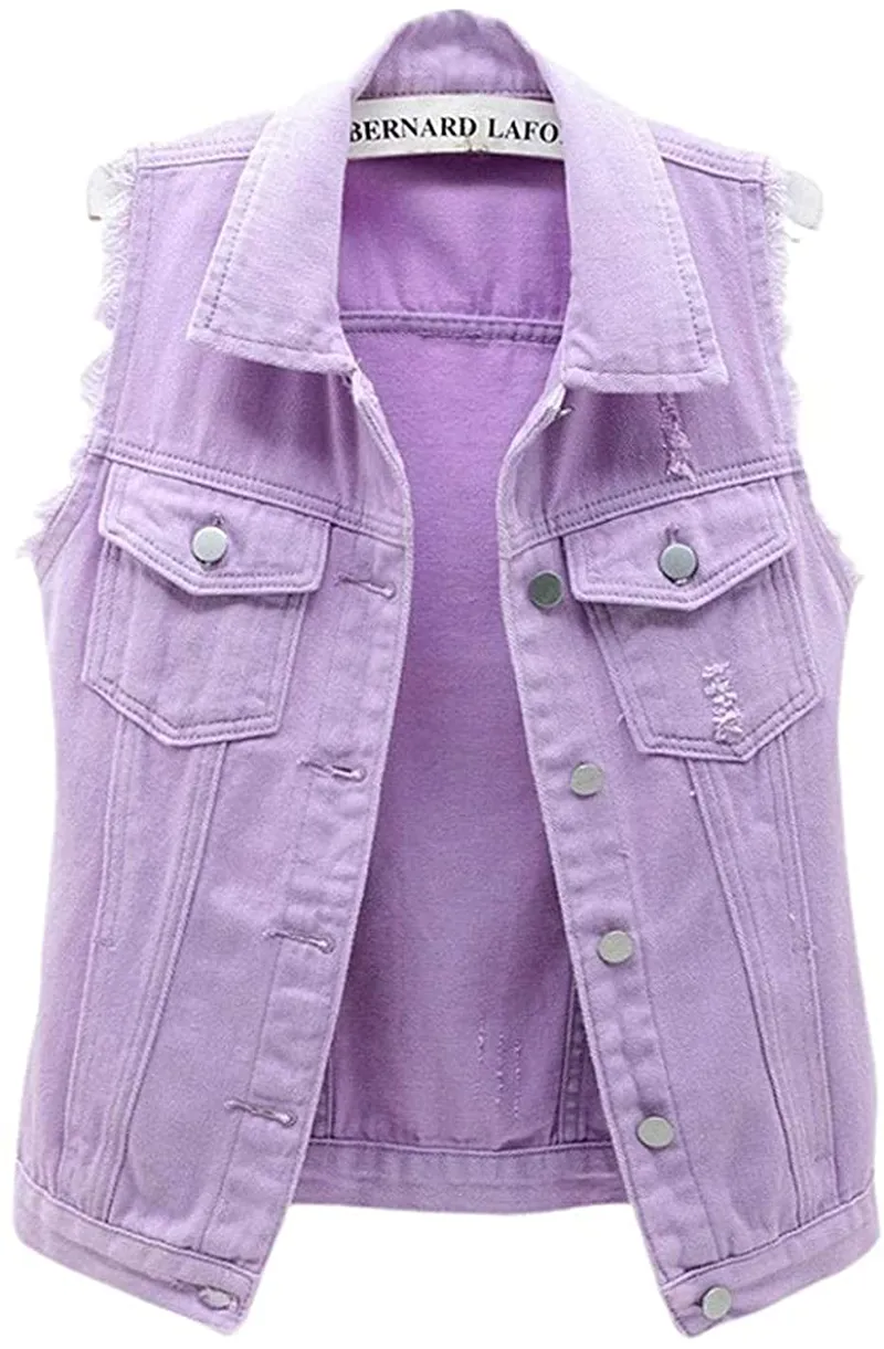 Women's Candy Color Slim Fit Sleeveless Distressed Denim Jean Vest Jacket
