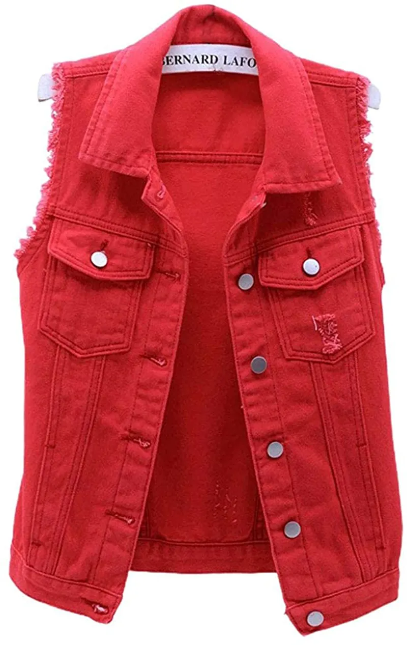 Women's Candy Color Slim Fit Sleeveless Distressed Denim Jean Vest Jacket