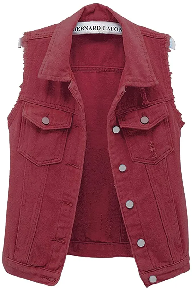 Women's Candy Color Slim Fit Sleeveless Distressed Denim Jean Vest Jacket