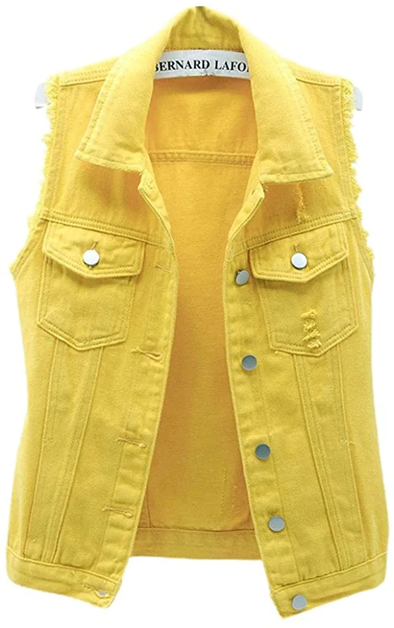 Women's Candy Color Slim Fit Sleeveless Distressed Denim Jean Vest Jacket