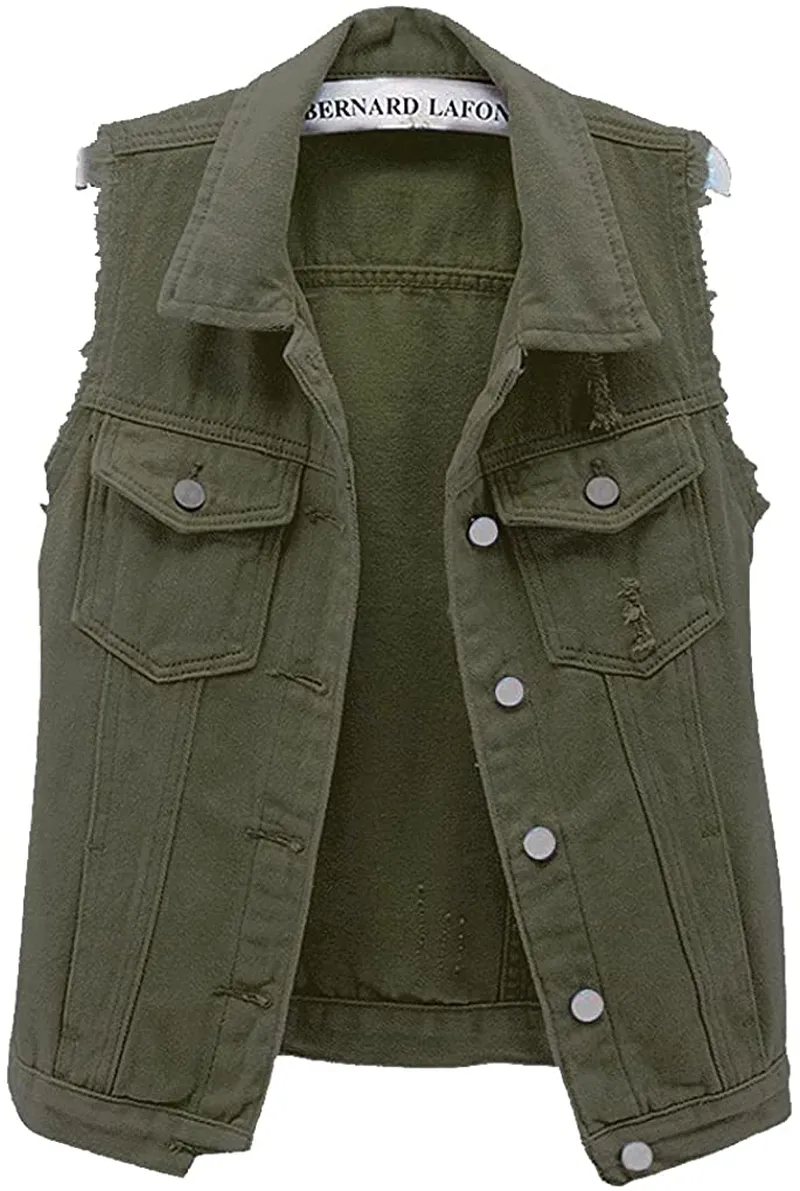 Women's Candy Color Slim Fit Sleeveless Distressed Denim Jean Vest Jacket