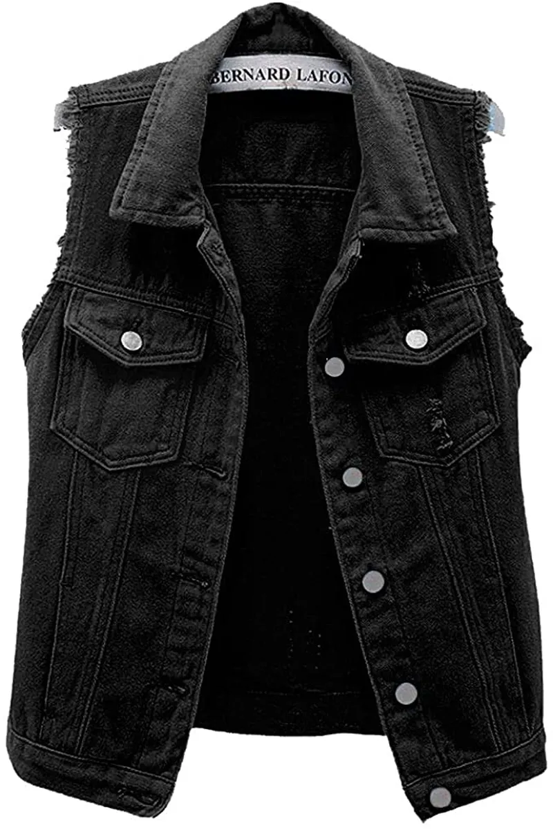 Women's Candy Color Slim Fit Sleeveless Distressed Denim Jean Vest Jacket